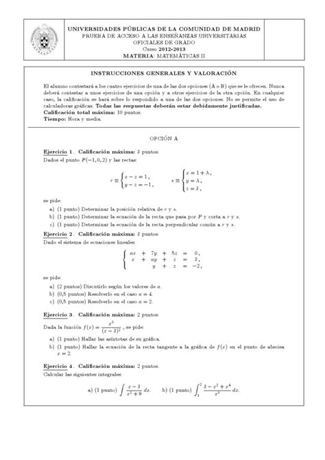 Examen De Selectividad Matem Ticas Ii Madrid Convocatoria Junio