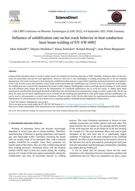 PDF Influence Of Solidification Rate On Hot Crack Behavior In Heat Conduction Laser Beam