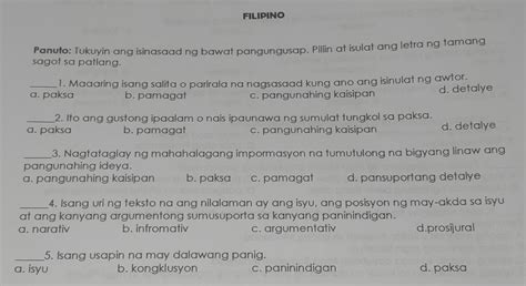 Panuto Tukuyin Ang Isinasaad Ng Bawat Pangungusap Piliin At Isulat