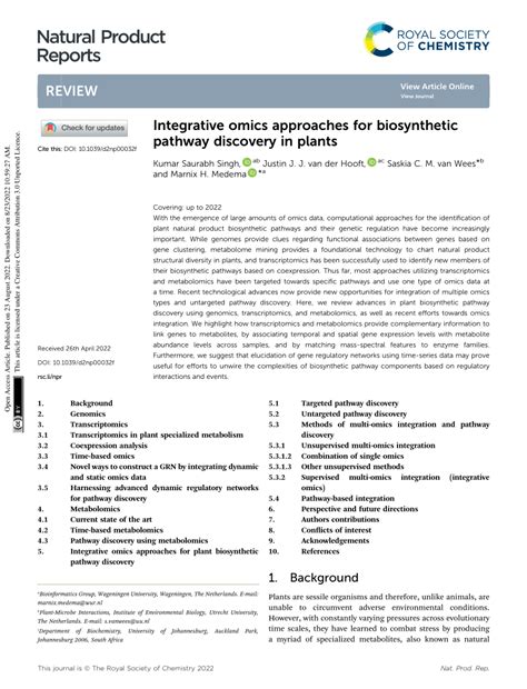 Pdf Integrative Omics Approaches For Biosynthetic Pathway Discovery