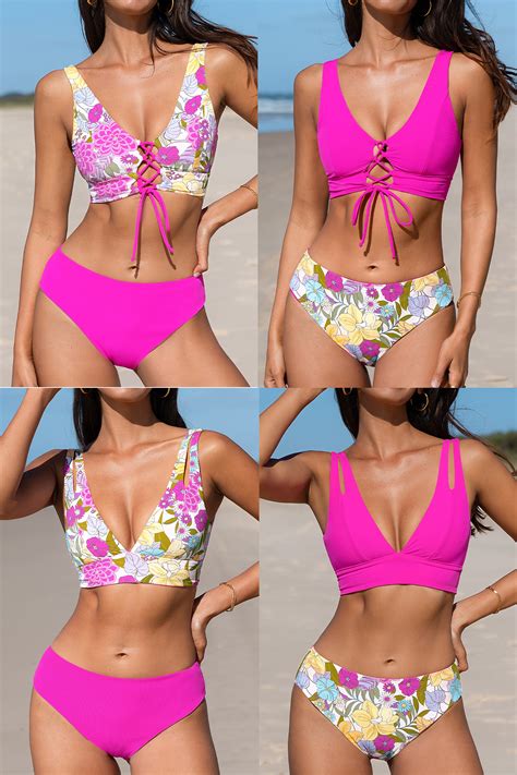 Plunging Lace Up Bikini Top Reversible Bottoms Set