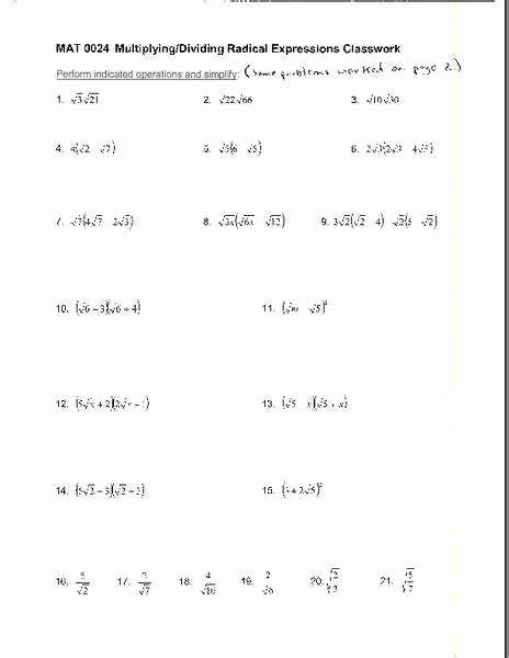 Dividing Radicals With Variables Worksheet