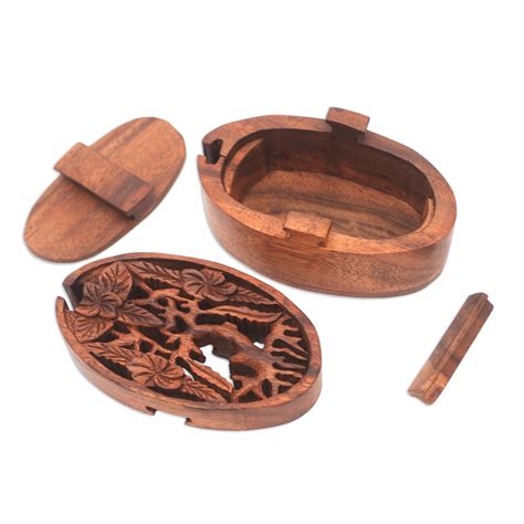 Floral Suar Wood Puzzle Box From Bali Plumeria Oval NOVICA