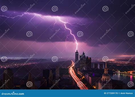 Lightning Storm Over City In Purple Light Stock Photo Image Of