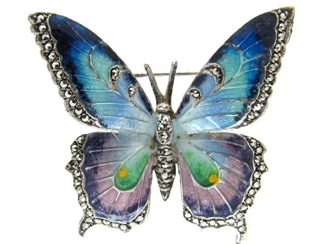 Silver Enamel & Marcasite Butterfly Brooch - The Antique Jewellery Company