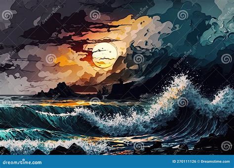 Tramonto Astratto Sulle Onde Che Si Abbattono Sull Oceano Sole E Luna