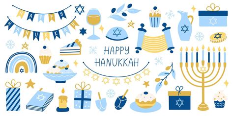 Big Hanukkah Set Collection Of Vector Colorful Flat Hanukkah Symbols With Menorah Coins