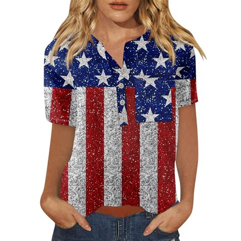 Mohiass 4th Of July Stars Striped Shirts For Women USA Flag Print