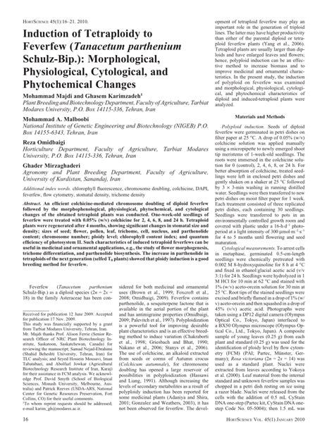 PDF Induction Of Tetraploidy To Feverfew Tanacetum Parthenium Schulz