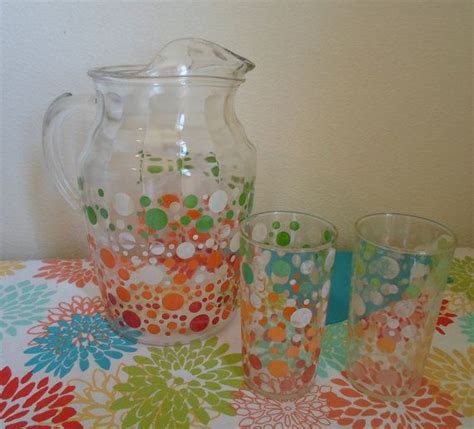 Vintage Polka Dot Glass Pitcher And Two Glasses Redorange Green And