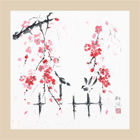 Vibrant Cherry Blossom Branch, Original Square Sumi-e Painting, Ink and ...