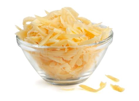 Glass Bowl Of Grated Cheese Isolated On White Vector Background And