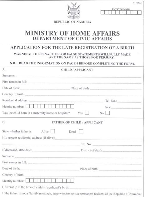 Late Registration Of Birth Namibian Home Affairs Form