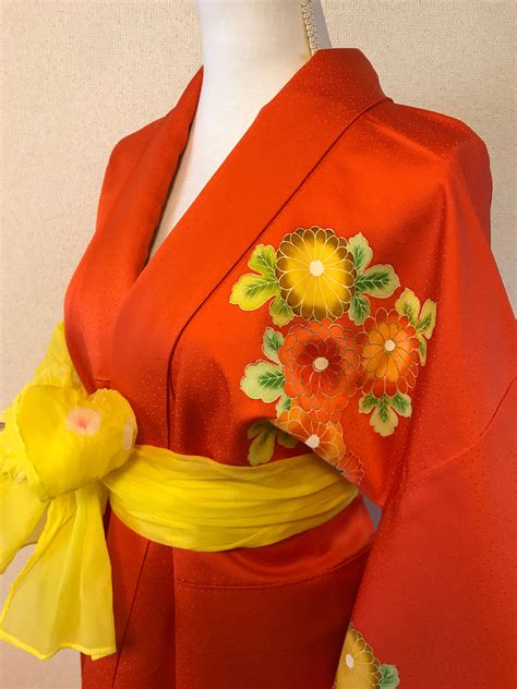 Kimono/japanese Kimono/tsukesage/orange/flowers/ Silk Kimono/kimono ...