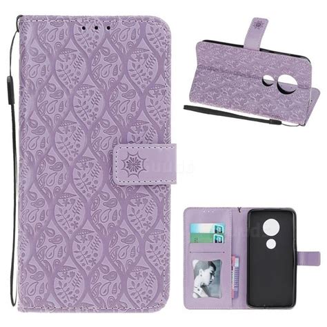 Intricate Embossing Rattan Flower Leather Wallet Case For Motorola Moto G7 G7 Plus Purple