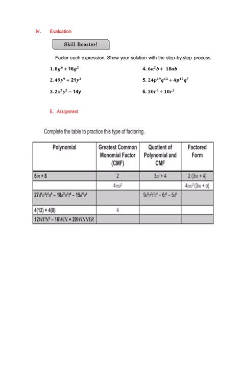 Lesson Plan On Factoring Polynomial With Common Monomial Factor Pdf