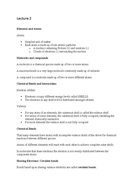 Lecture Biochem Letcure Notes Lecture Elements And Atoms