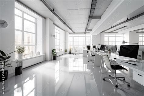 A Sleek And Modern White And Open Space Office With A Spacious And Tidy