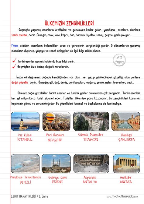 3 Sınıf Hayat Bilgisi Ülkemizin Zenginlikleri Defter Notu İlkokul Burada