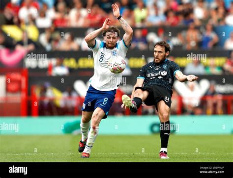 England's Tom Grennan (left) and Soccer Aid World XI's Sam Claflin ...