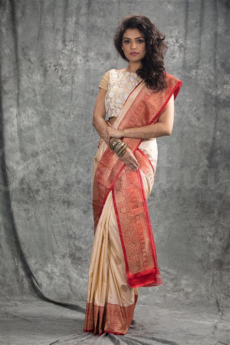 White Banarasi Handloom Silk Saree With Red Border Saree Pure Silk