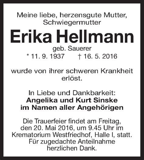 Traueranzeigen Von Erika Hellmann Trauer Nn De