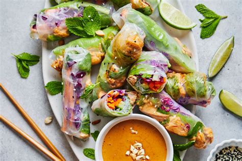 Fresh Spring Rolls With Salmon And Peanut Sauce Olive And Mango