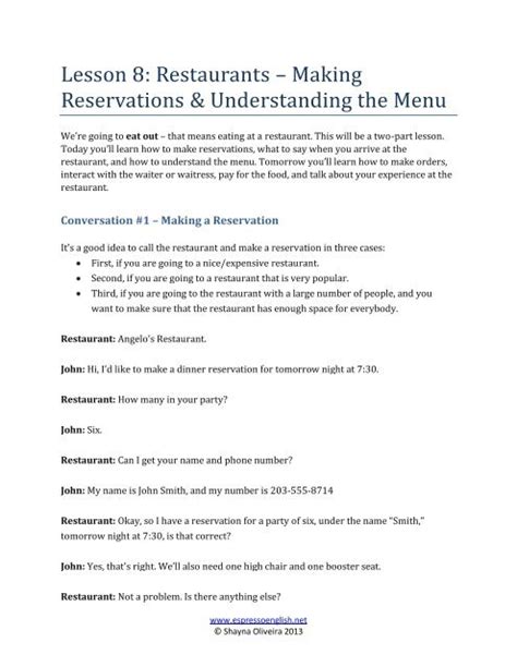 Lesson 8 Restaurants Making Reservations And Understanding The Menu