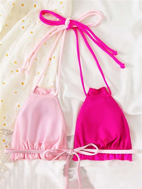 Color Block Frill Trim Halter Bikini Top SHEIN UK