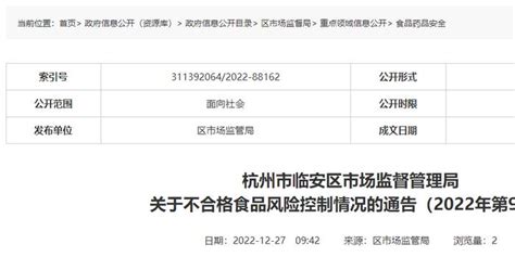 杭州市临安区市场监管局关于不合格食品风险控制情况的通告（2022年第9期）手机新浪网