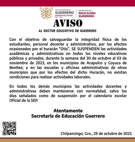 Suspensión Por Efectos Ocasionados Por Huracán “otis” Secretaría De