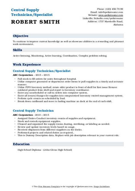 Central Supply Technician Resume Samples Qwikresume