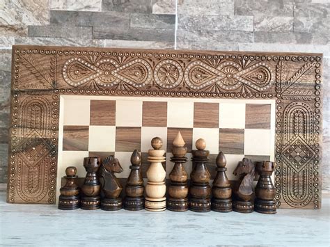 Wooden Chess Board Set Large Wood Chess Set 3 in 1 Сhess Table Board With Storage Hand Carved ...