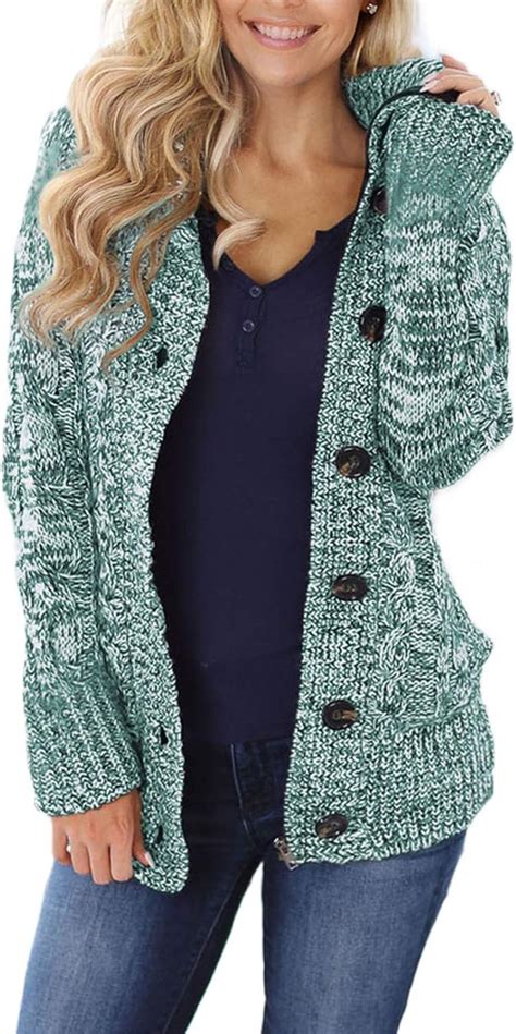 Womens Casual Button Down Knit Cardigans Winter Warm Fleece Hooded