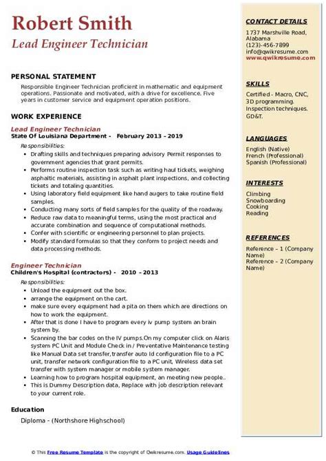 Engineer Technician Resume Samples | QwikResume