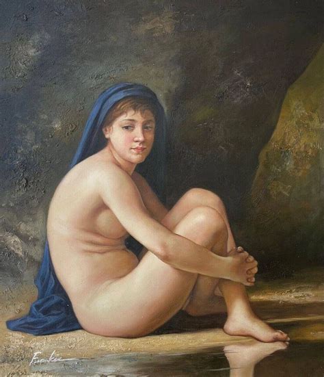 Seated Female Nude Oil Painting On Canvas 1980s IntOndo