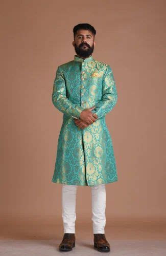 Handmade Vibrant Sea Green Brocade Silk Sherwani Traditional Sherwani