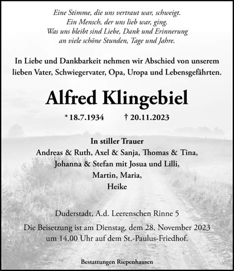 Traueranzeigen Von Alfred Klingebiel Trauer Anzeigen De