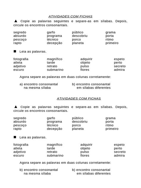 Palavras Com Encontro Consonantal Na Mesma Silaba - Atividades de Sílaba e Encontros Consonantais | PDF