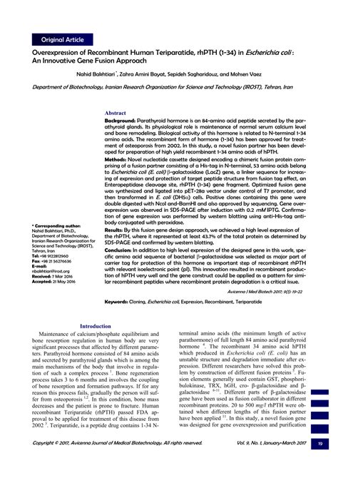 Pdf Overexpression Of Recombinant Human Teriparatide Rhpth 1 34 In Escherichia Coli An