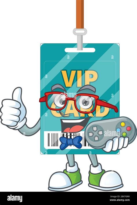 Cartoon Mascot Design Of Vip Pass Card Play A Game With Controller Stock Vector Image And Art Alamy