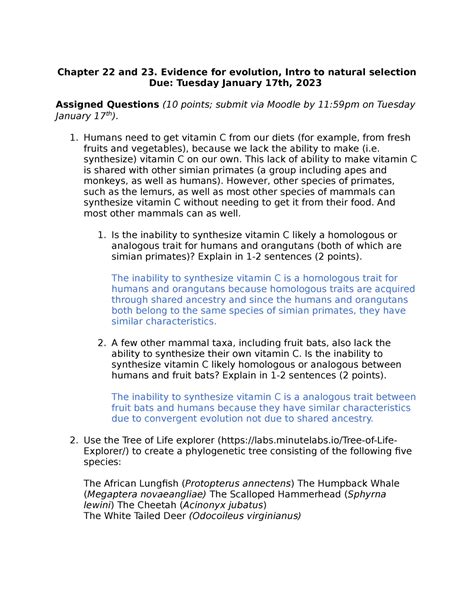 Assignment 1 BIOL 226 Chapter 22 And 23 Evidence For Evolution