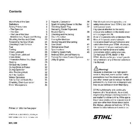 STIHL 029 039 Chainsaw Owners Manual