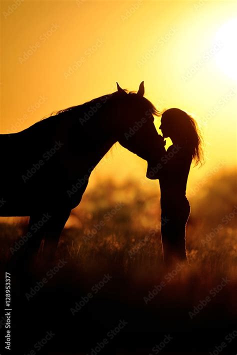 Girl and horse silhouette at sunset Stock Photo | Adobe Stock