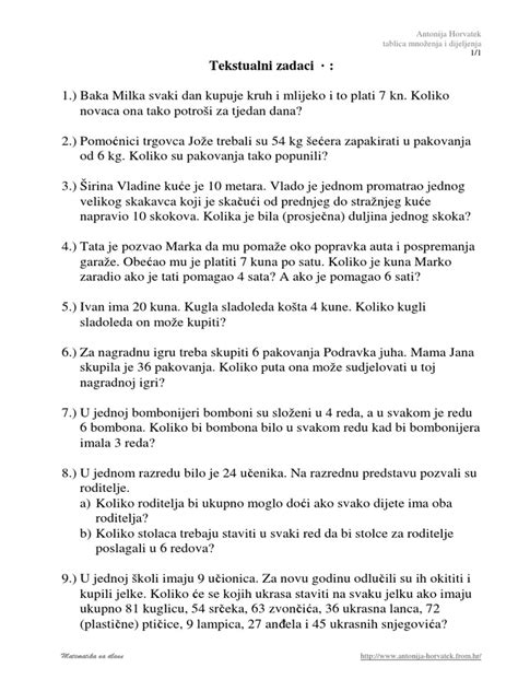 Tekstualni Zadaci Tablica Mnozenja I Dijeljenja Do 100 Pdf Pdf