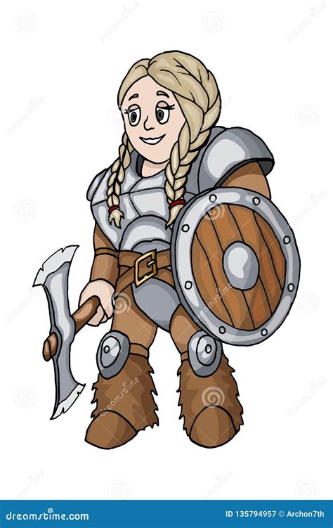 Female Warrior With A Shield And Axe Isolated On White Background Stock