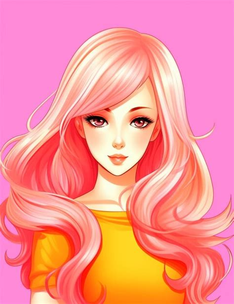 Chica De Anime Con El Cabello Largo Rosa Y La Parte Superior Amarilla