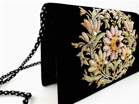 Black Velvet Evening Bag Embroidered Floral Party Clutch Etsy