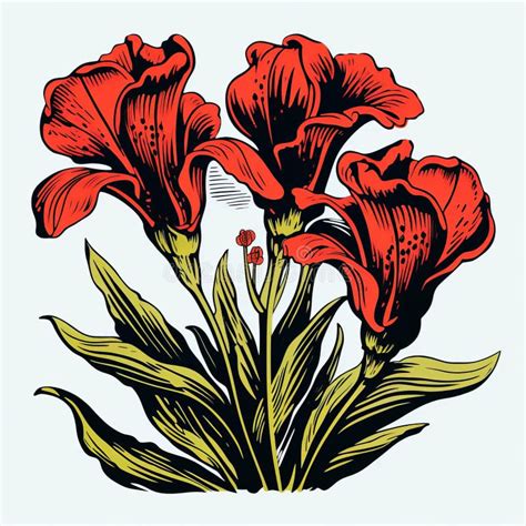 Vintage Inspired Woodcut Print Of Canna Lily With Bold Outlines Stock