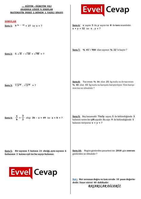 9 Sınıf Matematik 2 Dönem 1 Yazılı Soruları 2018 2019